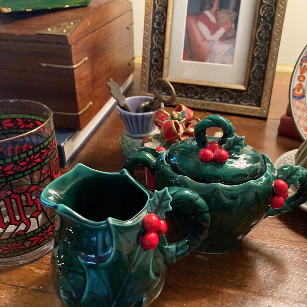 Vintage Lefton Christmas Green Holly cream and sugar service.
